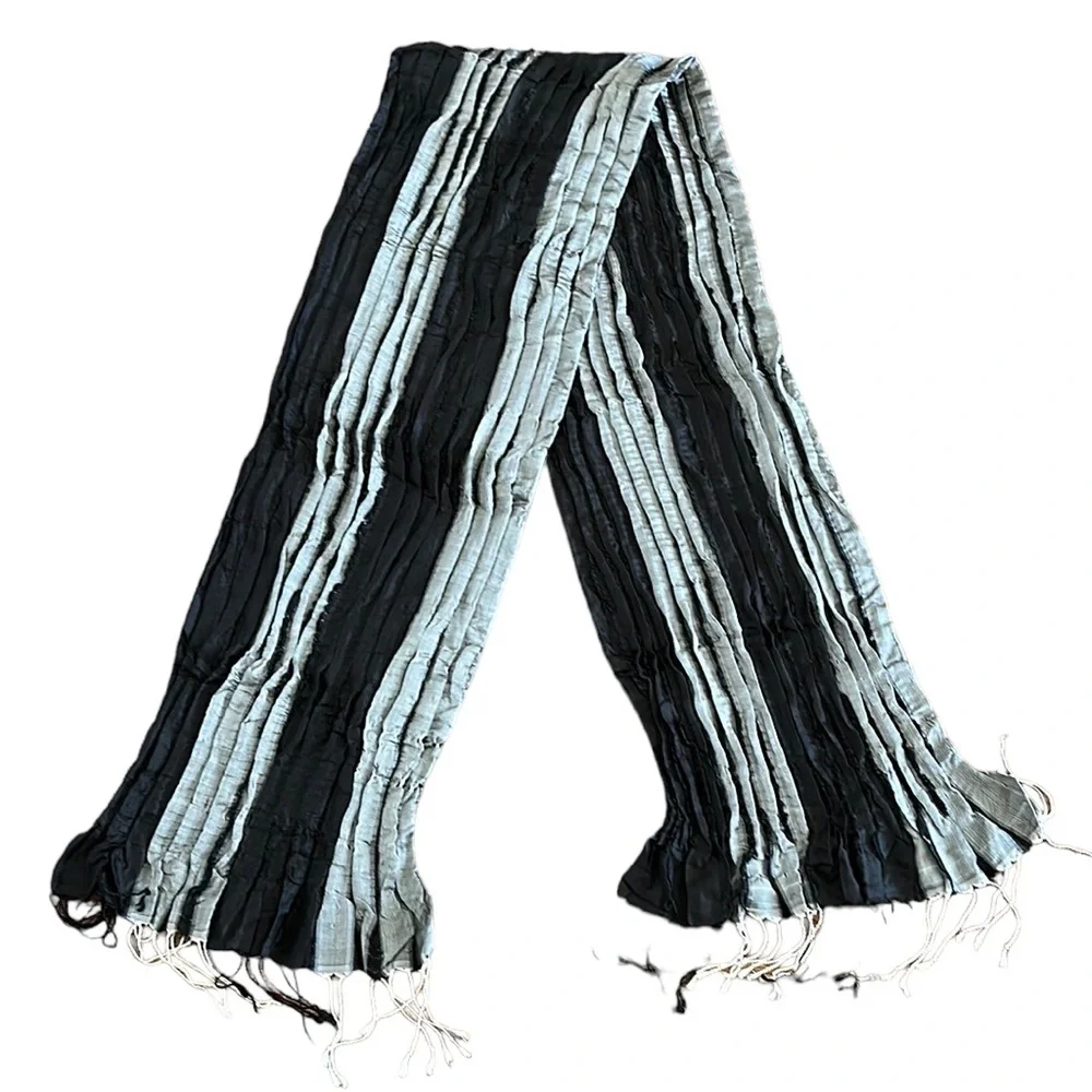 Sevya handmade crinkled silk rectangular oblong scarf with fringe black silver